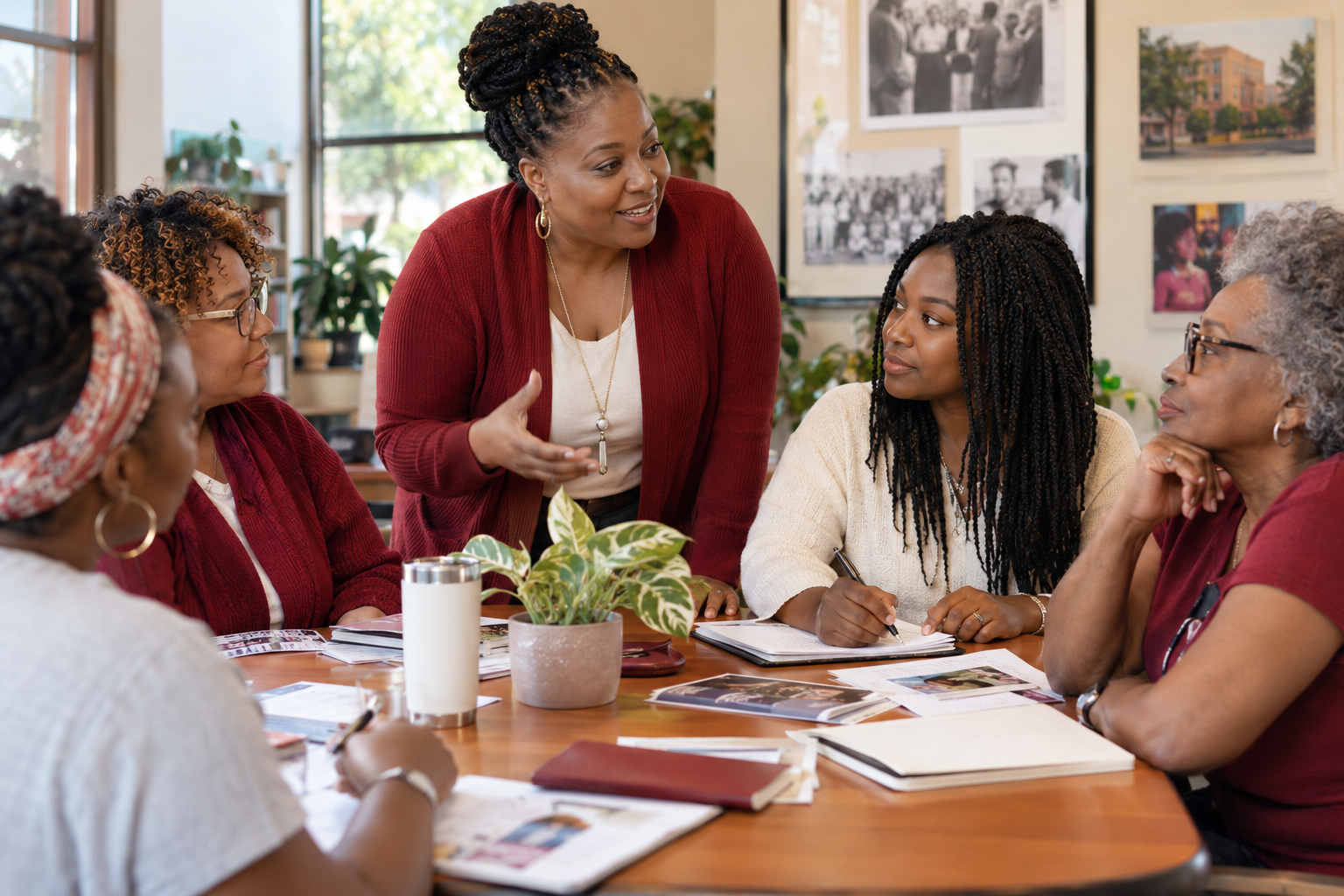 Illustrative scene of women leading a civic learning discussion