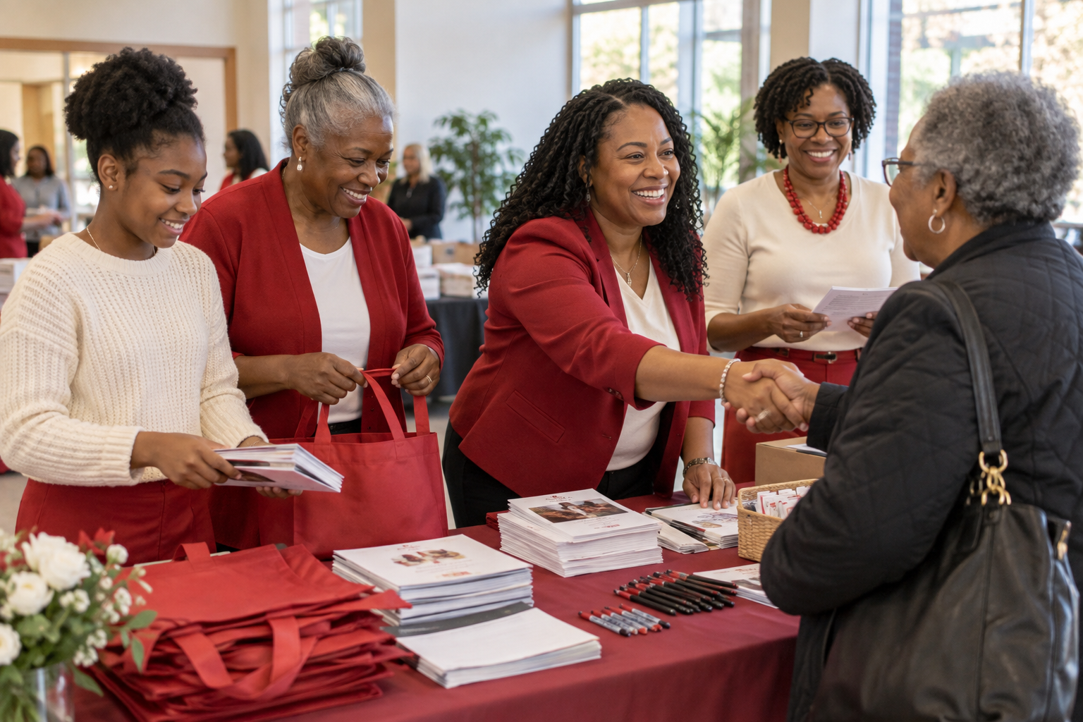 Illustrative scene of women welcoming a neighbor at a community outreach table