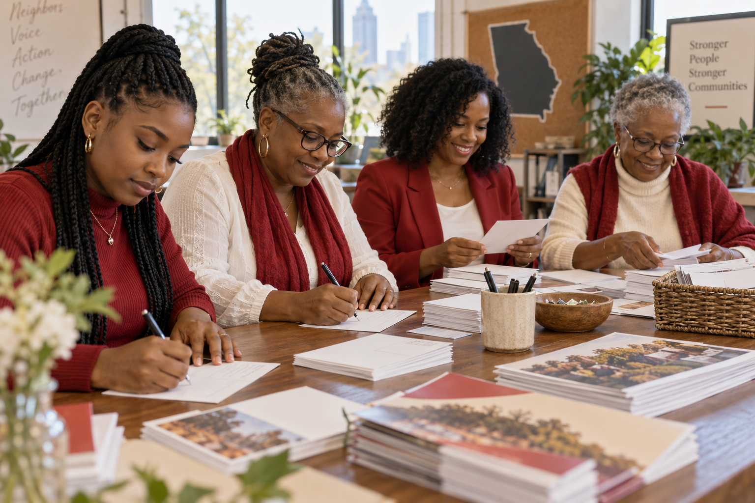 Illustrative scene of women writing civic engagement postcards